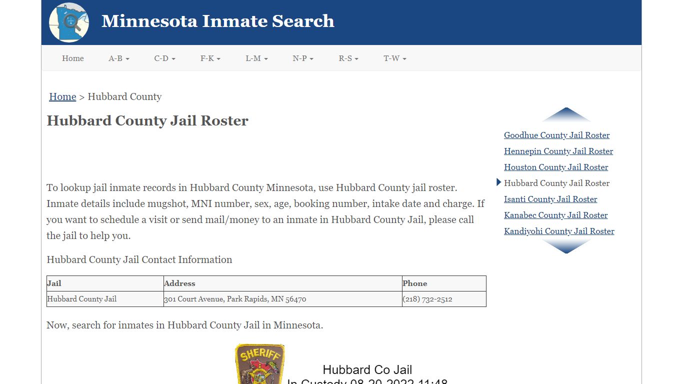 Hubbard County Jail Roster - Minnesota Inmate Search